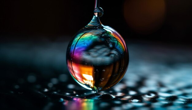 Vibrant colored sphere reflects dew on glass generated by AI