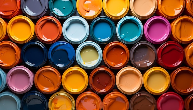 Vibrant colors in a close up paint can arrangement generated by artificial intelligence