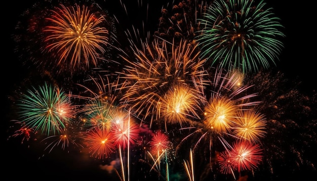 Vibrant colors illuminate exploding firework display at night generated by AI