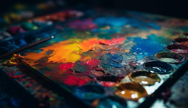 Free photo vibrant colors mix on artist messy palette generated by ai