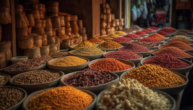 Vibrant colors of spices in a row at the street market generated by AI