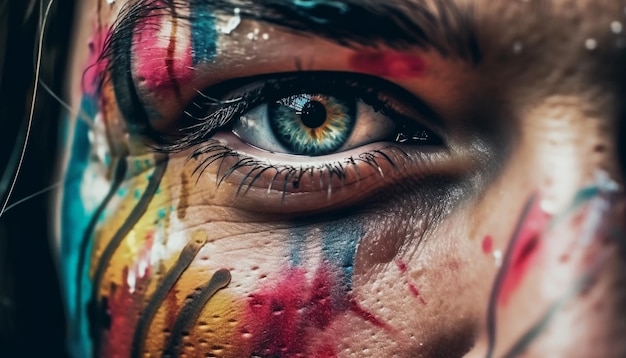 Free photo vibrant colors on young woman eye makeup generated by ai