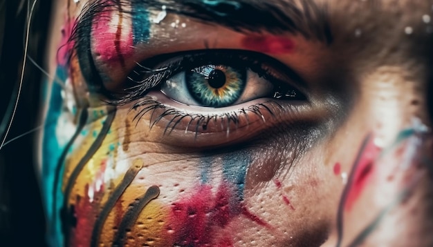 Яркие цвета на макияже глаз молодой женщины, созданные искусственным интеллектом