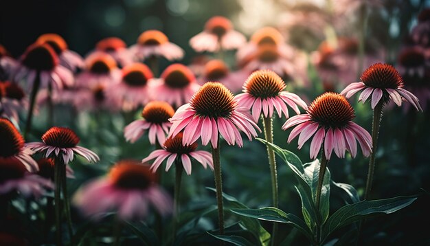 AI によって生成された田舎の牧草地のシーンで鮮やかなコーンフラワーの花