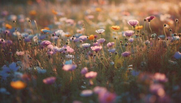AI によって生成された静かな牧草地の夕日に鮮やかなデイジーの花