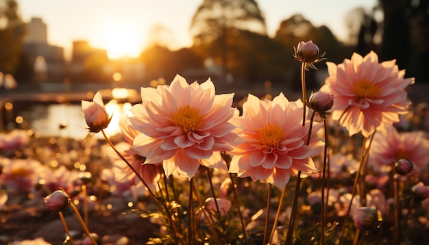 Free photo vibrant daisy blossoms in a meadow kissed by the sunset generated by artificial intellingence