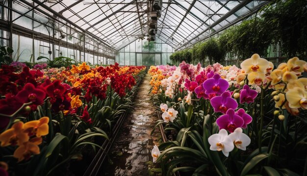 Vibrant flower bouquet in greenhouse nature beauty generated by AI