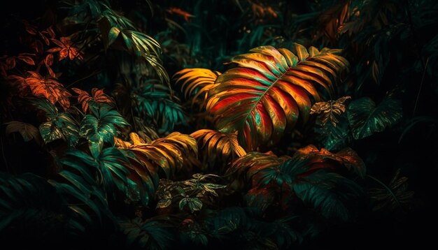 鮮やかな葉が、AI によって生成された暗い熱帯雨林の背景を照らします
