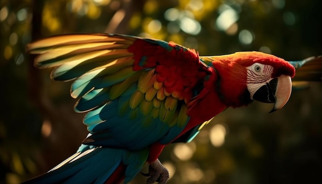 Free photo vibrant gold and blue macaw perching on branch generated by ai