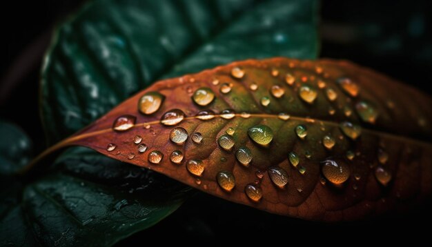 Vibrant green leaf with dew drop reflection generated by AI