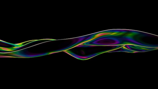 Яркий жидкий волнистый фон. 3D иллюстрации абстрактные радужные жидкости визуализации. Неоновая голографическая гладкая поверхность с красочными интерференциями. Стильное движение потока спектра.