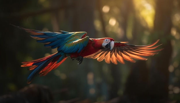 Free photo vibrant macaw perched on branch in forest generated by ai