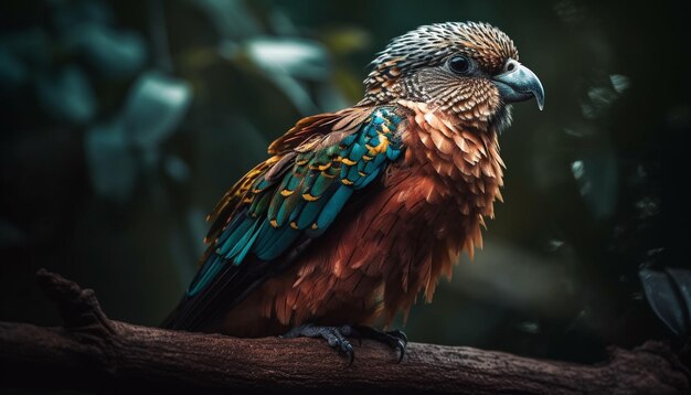 Vibrant macaw perched on branch in forest generated by AI