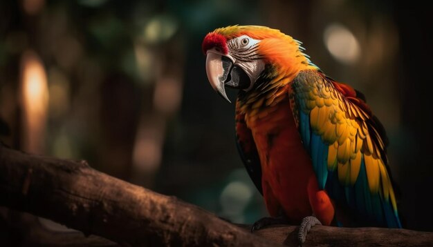 Vibrant macaw perched on branch in nature generated by AI