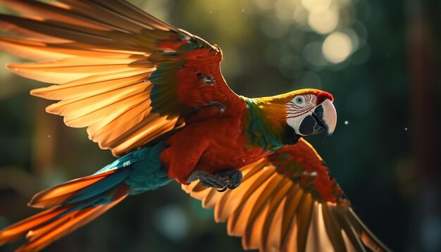 Vibrant macaw perched on branch in rainforest generated by AI