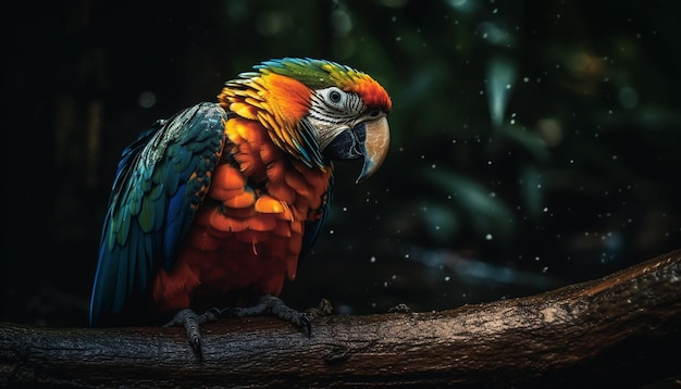 Vibrant macaw perched on branch in rainforest generated by AI