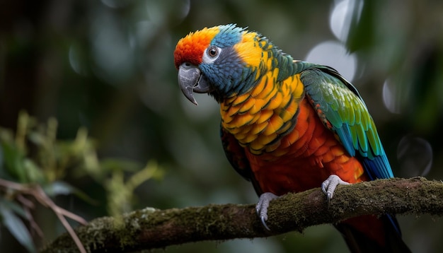 AI によって生成された熱帯雨林の枝にとまる鮮やかなコンゴウインコ