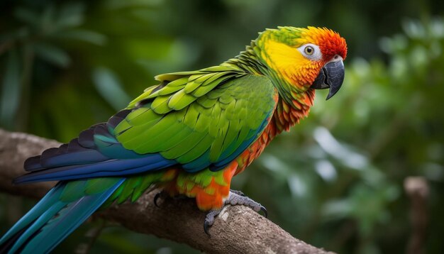 Vibrant macaw perched on branch in rainforest generated by AI