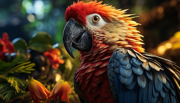 Free photo vibrant macaw perched on branch showcasing nature colorful beauty generated by artificial intelligence