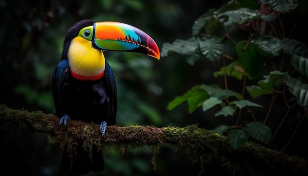 Vibrant macaw perched on green forest branch generated by AI