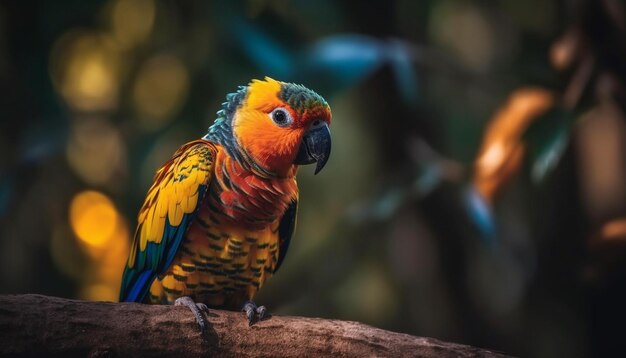 Free photo vibrant macaw perching on branch in rainforest generated by ai