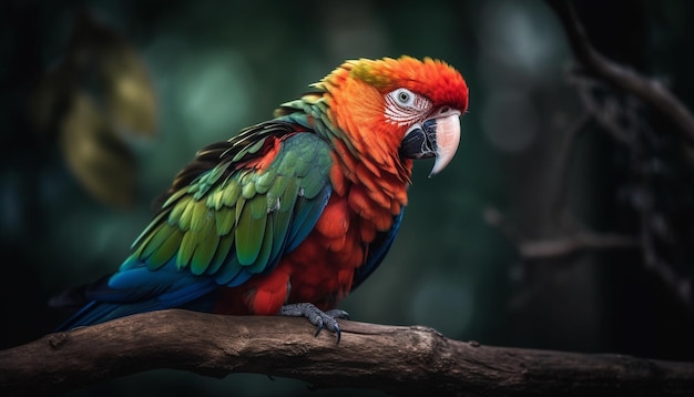 Vibrant macaw perching on branch in rainforest generative AI