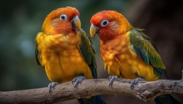 Vibrant macaws perching on branch in rainforest generated by AI