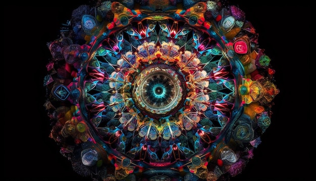 Бесплатное фото Яркая мандала символизирует духовность и творчество природы, созданное искусственным интеллектом.