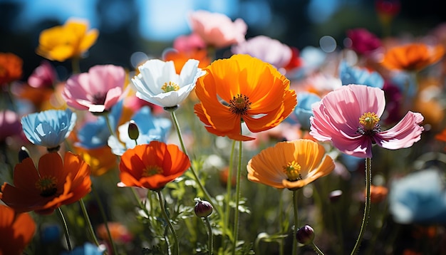 A vibrant meadow of multi colored flowers in the summer generated by artificial intelligence