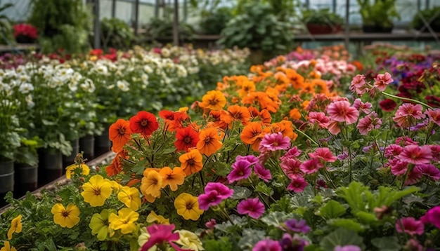 Foto gratuita vibranti fiori multicolori sbocciano nel giardino naturale generato dall'intelligenza artificiale