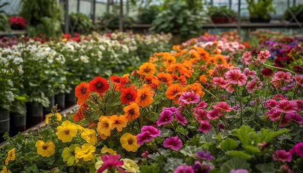 AIが生成する自然園に鮮やかな色とりどりの花が咲く