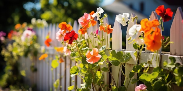 Vibrant nasturtiums spill over a white picket fence a riot of color in a cottage garden