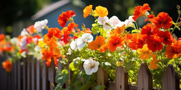 Free photo vibrant nasturtiums spill over a white picket fence a riot of color in a cottage garden