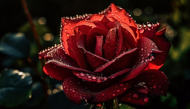 AIが生成する雨粒に鮮やかな花びらが優雅さを放つ