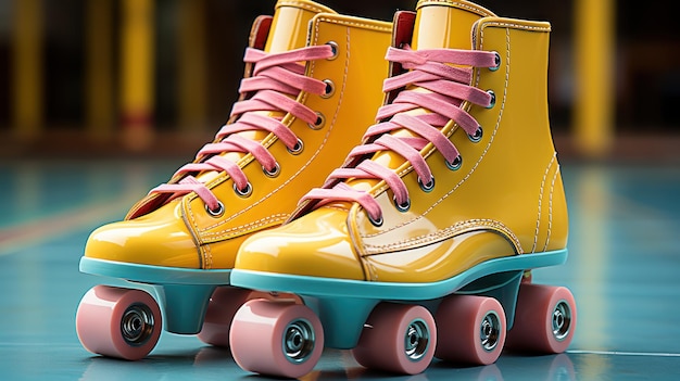 무료 사진 노란색 표면 에 활기찬 롤러 스케이트
