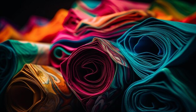 Vibrant silk textiles in a colorful heap generated by AI