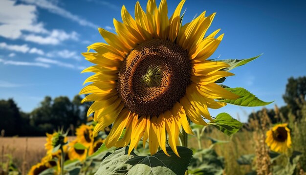 Vibrant sunflower attracts bee with yellow petals generated by AI