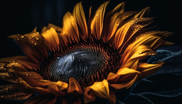 Free photo vibrant sunflower petal dew drops fresh beauty generated by ai