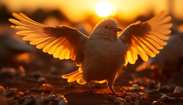 Foto gratuita un tramonto vibrante illumina la libertà del volo di un piccione generato dall'intelligenza artificiale