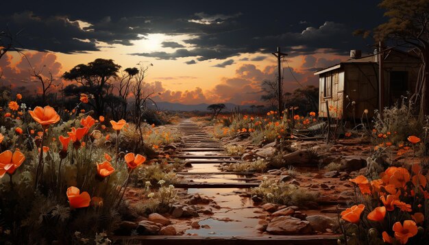Foto gratuita il tramonto vibrante dipinge un prato tranquillo con l'arancione e il giallo generati dall'intelligenza artificiale