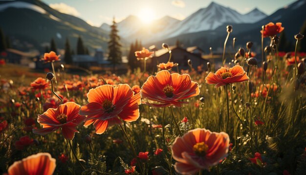 Vibrant sunset paints tranquil meadow with purple wildflowers in autumn generated by artificial intellingence