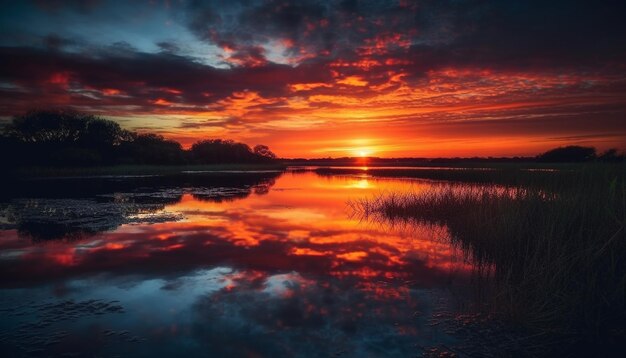 Vibrant sunset reflection on tranquil water landscape generated by AI