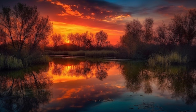 Бесплатное фото Яркий закат отражается на спокойной водной поверхности с помощью генеративного ии