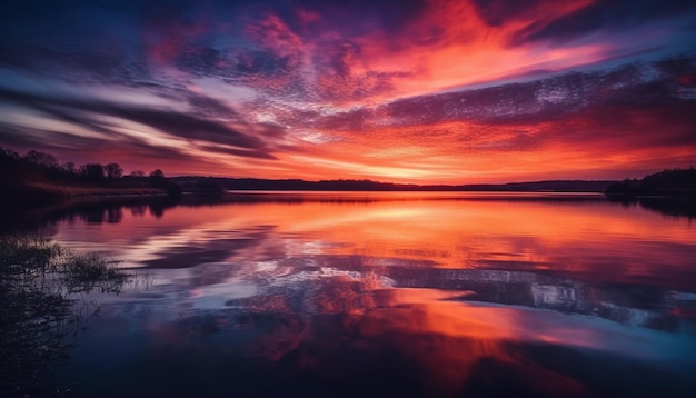 AI によって生成された静かな水の風景に鮮やかな夕日が反映されます。