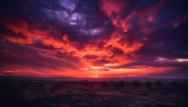 Vibrant sunset over rural forest and meadow generated by AI