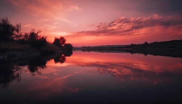 Vibrant sunset silhouettes trees horizon over water generated by AI