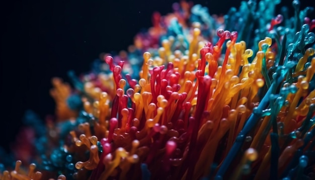 AI によって生成された色とりどりの魚の動きを示す、鮮やかな水中のサンゴ礁