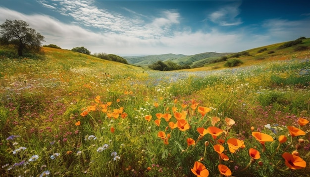 Foto gratuita vibranti fiori di campo adornano il tranquillo prato al tramonto generato dall'intelligenza artificiale