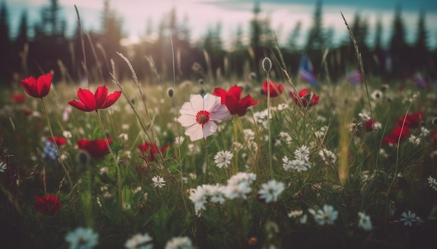 Foto gratuita vibranti fiori selvatici sbocciano nel paesaggio rurale dei prati generato dall'intelligenza artificiale