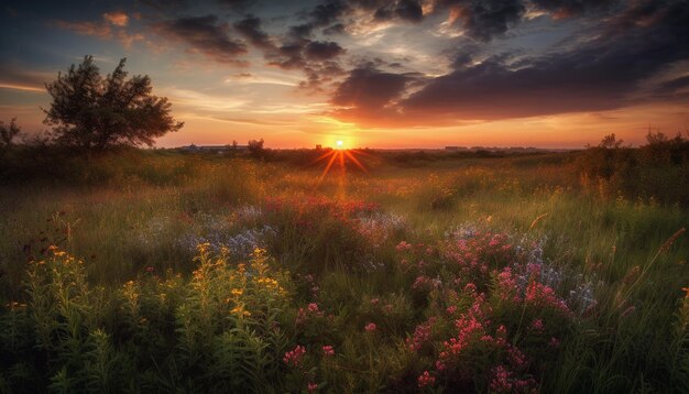 AIが生成した静かな草原の夕日に鮮やかな野の花が咲く